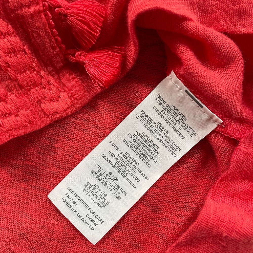 J. Crew Linen Coral Tassels Embroidered Boho Short Sleeve Top Size Oversized XS - Picture 7 of 10